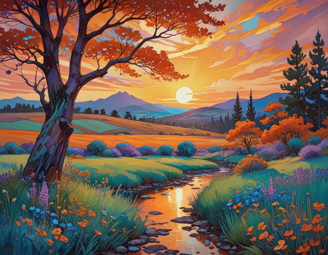 Tiffany-Style Landscape with Vibrant Orange and Teal Hues