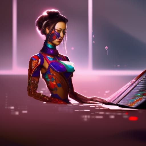 Cybernetic Geisha Plays Electronic Koto, Detailed Art