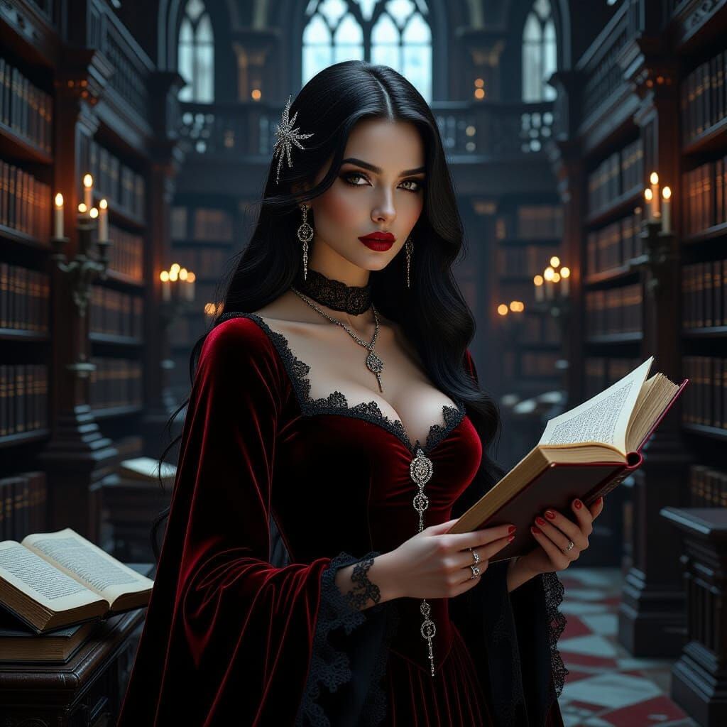 Gothic Woman in Grand Library, Dark Fantasy Art