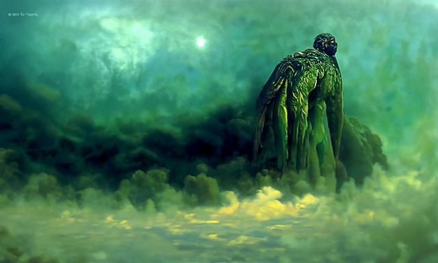 Terrifying Scaled Figure in Misty Horror Landscape