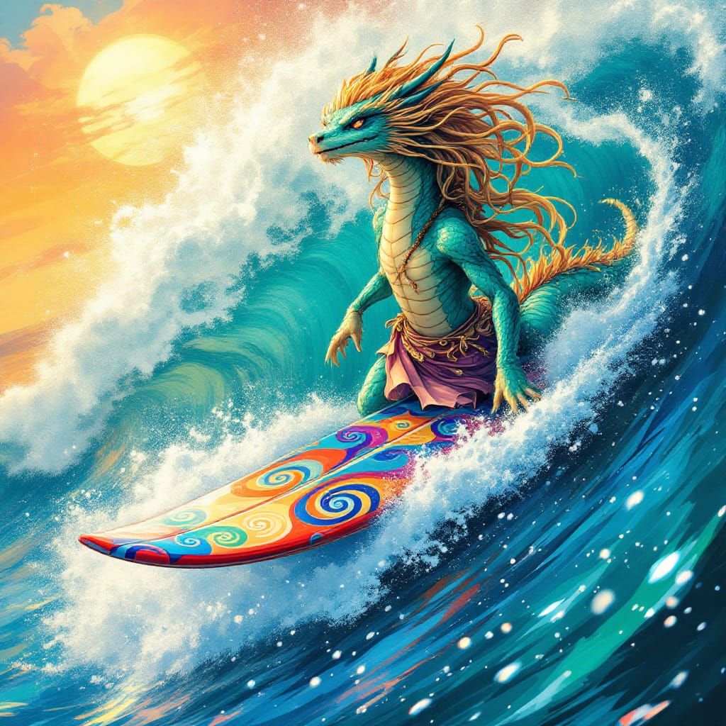 Dragon Sea Serpent Surfing in Miyazaki Style