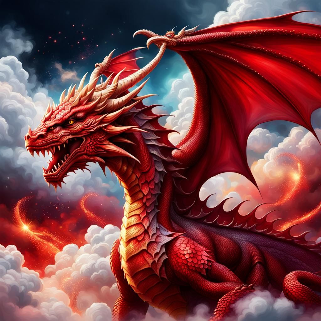 Hyperrealistic Red Dragon in Ethereal Cloudscape