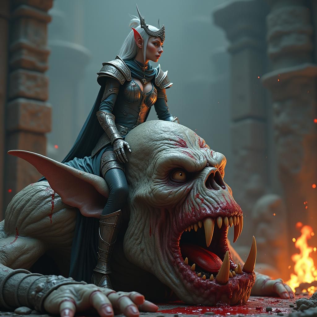Warrior Elf Queen's Victory Over Troll