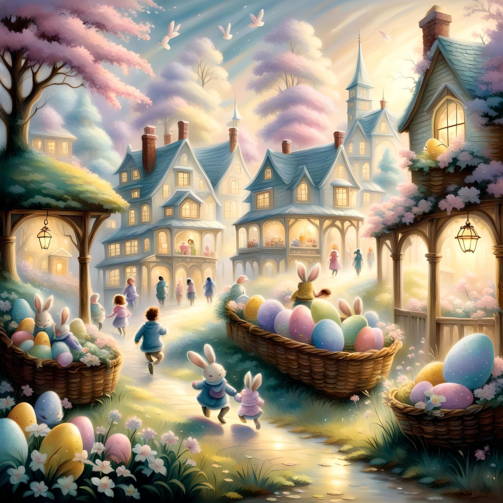 Easter Bunnies and Children in Ethereal Pastel Setting