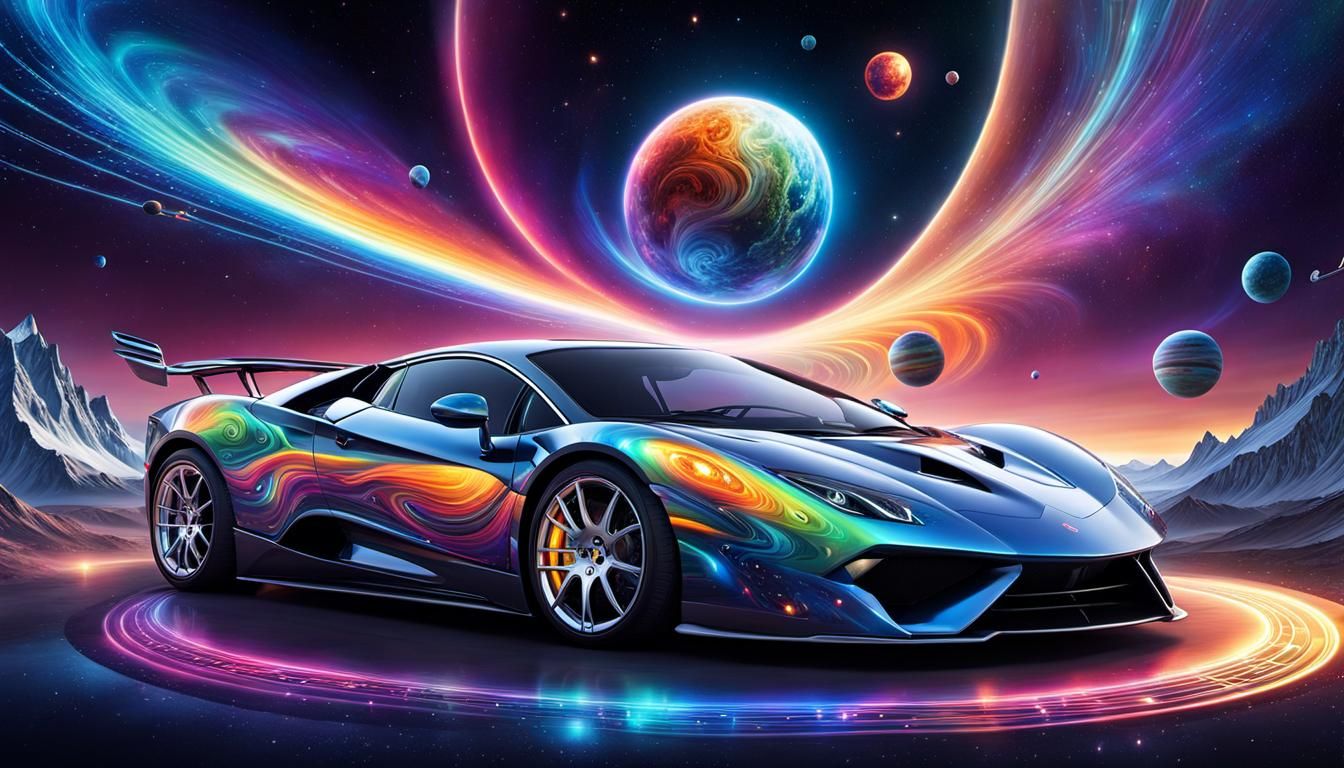 Surreal Supercar with Music Notation and Northern Lights