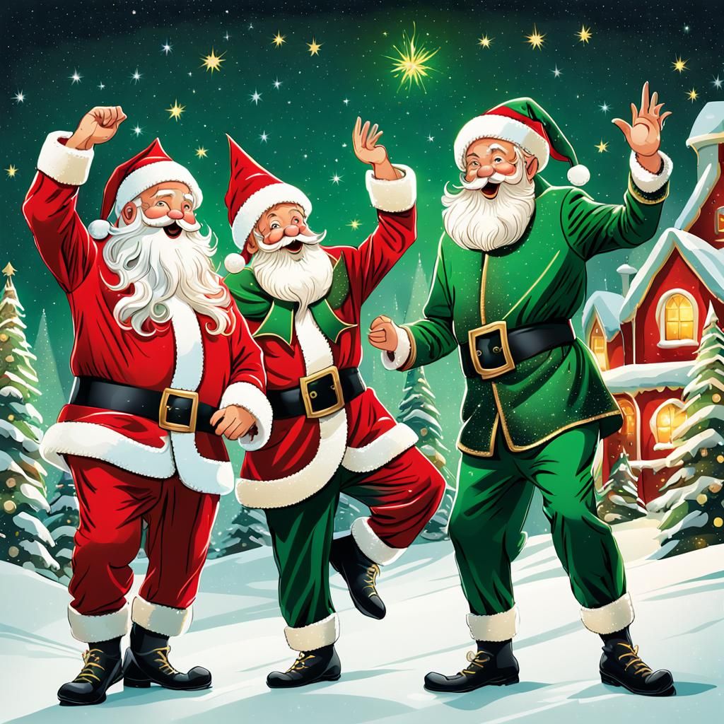 Festive Santa and Elves Dancing Illustration