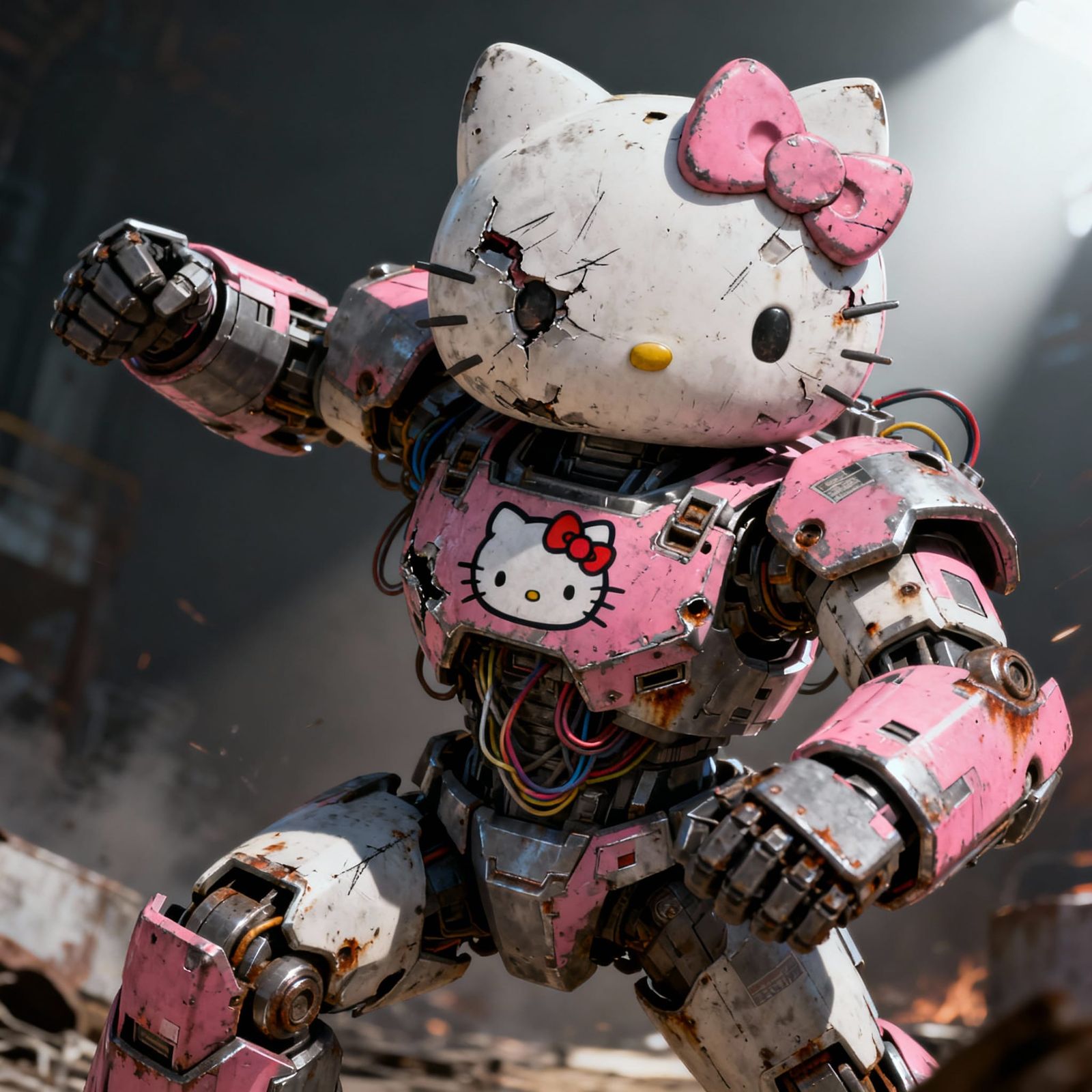 Battle-Scarred Hello Kitty Mecha Suit in Dynamic Close-Up