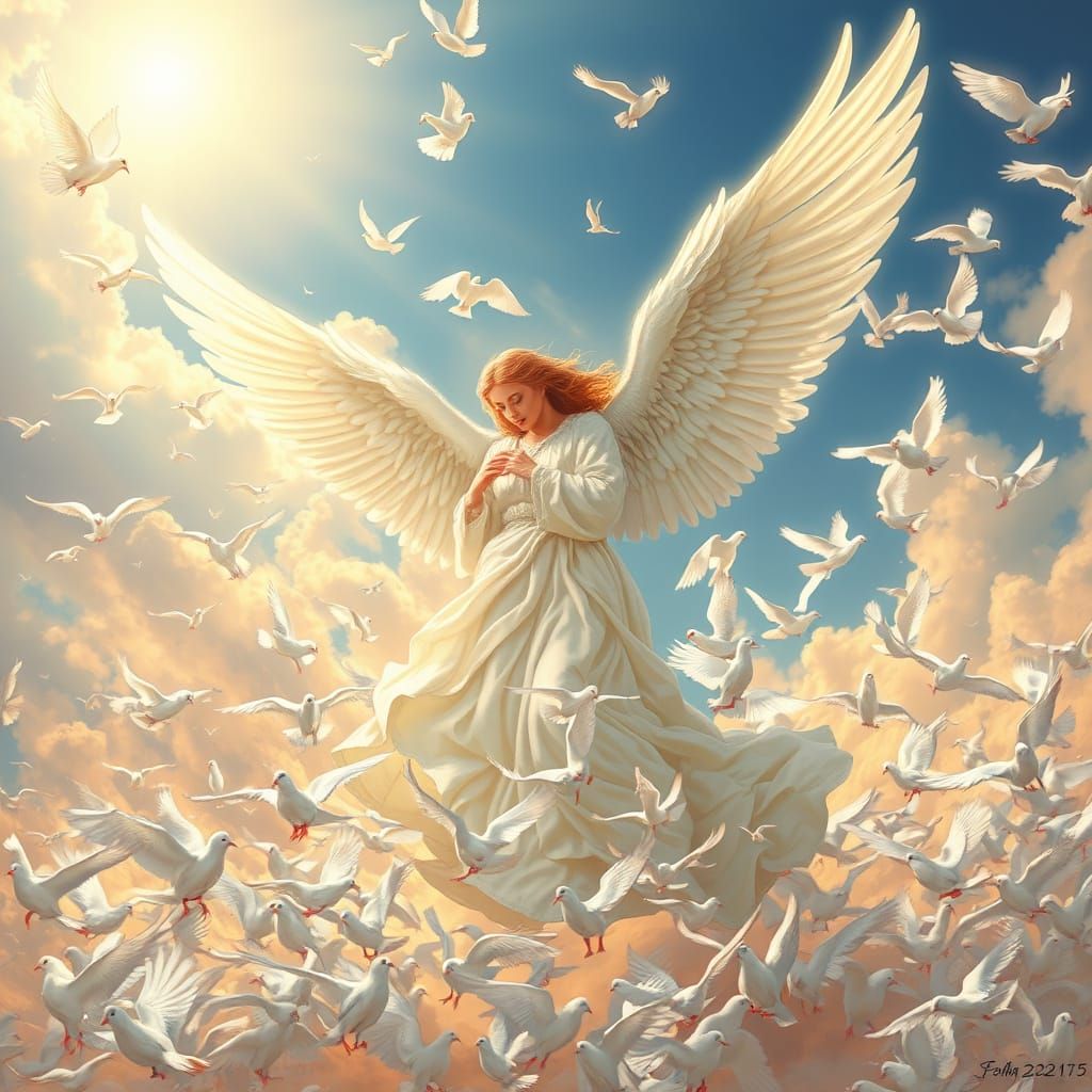 Angel Ascends with Thousand White Doves in Photorealistic St...
