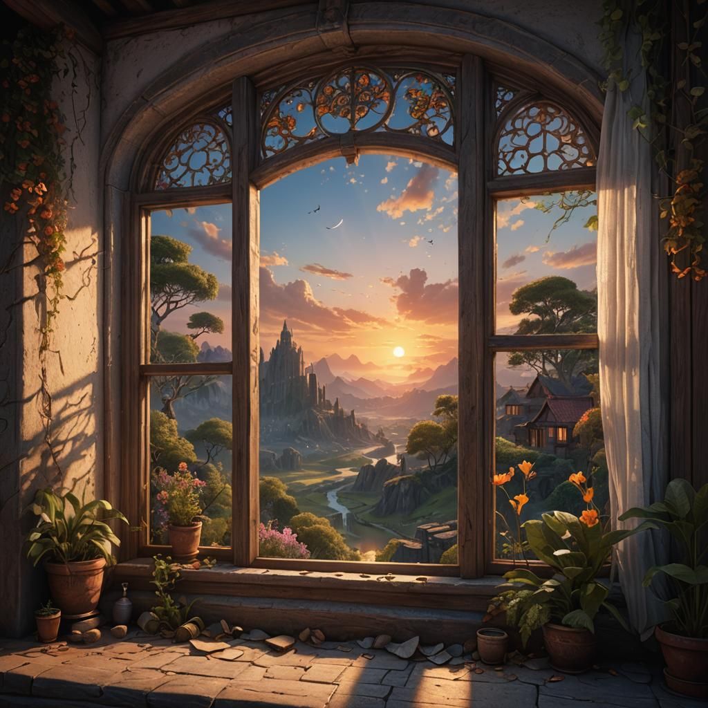 Fantastical Sunset Window View: Detailed Matte Painting