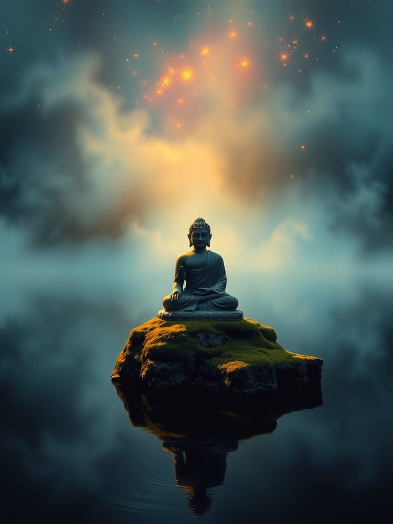 Ethereal Buddha in a Moonlit Landscape