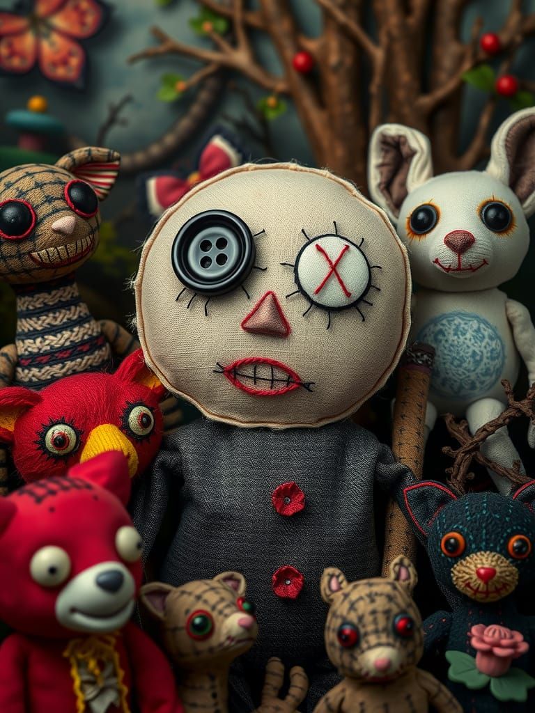 Voodoo Doll with Stitched Features in Horror Landscape