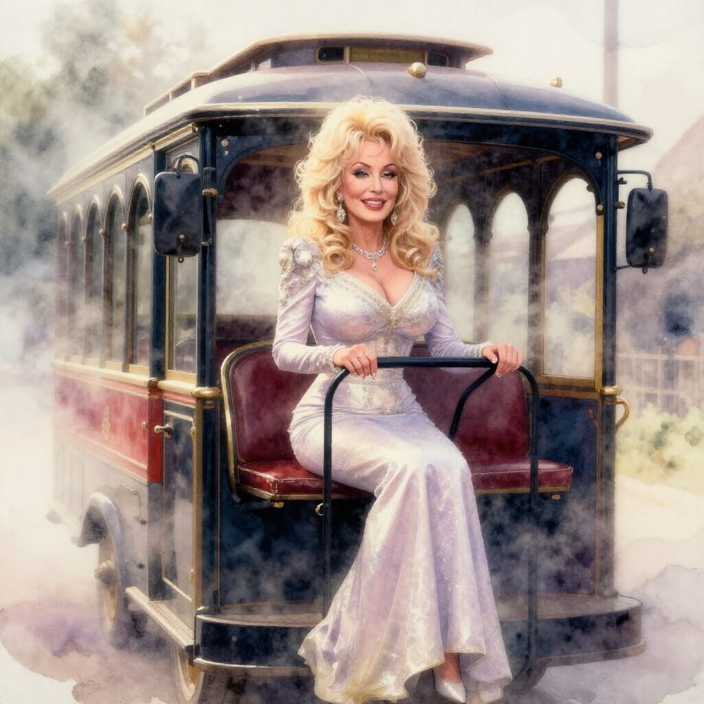 Dolly Parton on Vintage Trolley in Ethereal Watercolor Mist