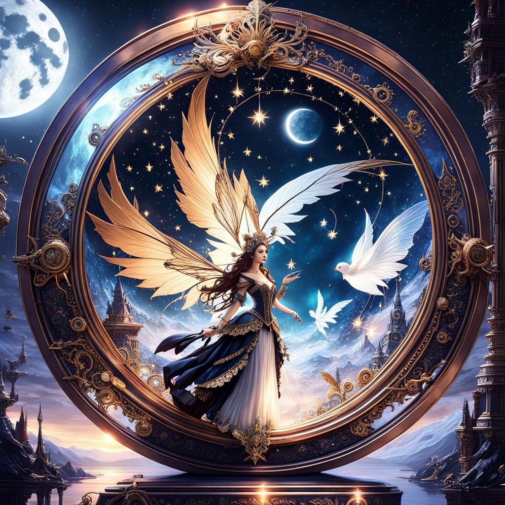 Steampunk Fairies Under Starry Moonlit Sky