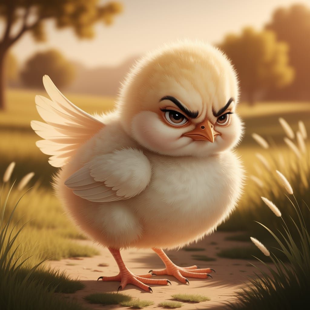 Adorable Grumpy Chick in Sunlit Meadow