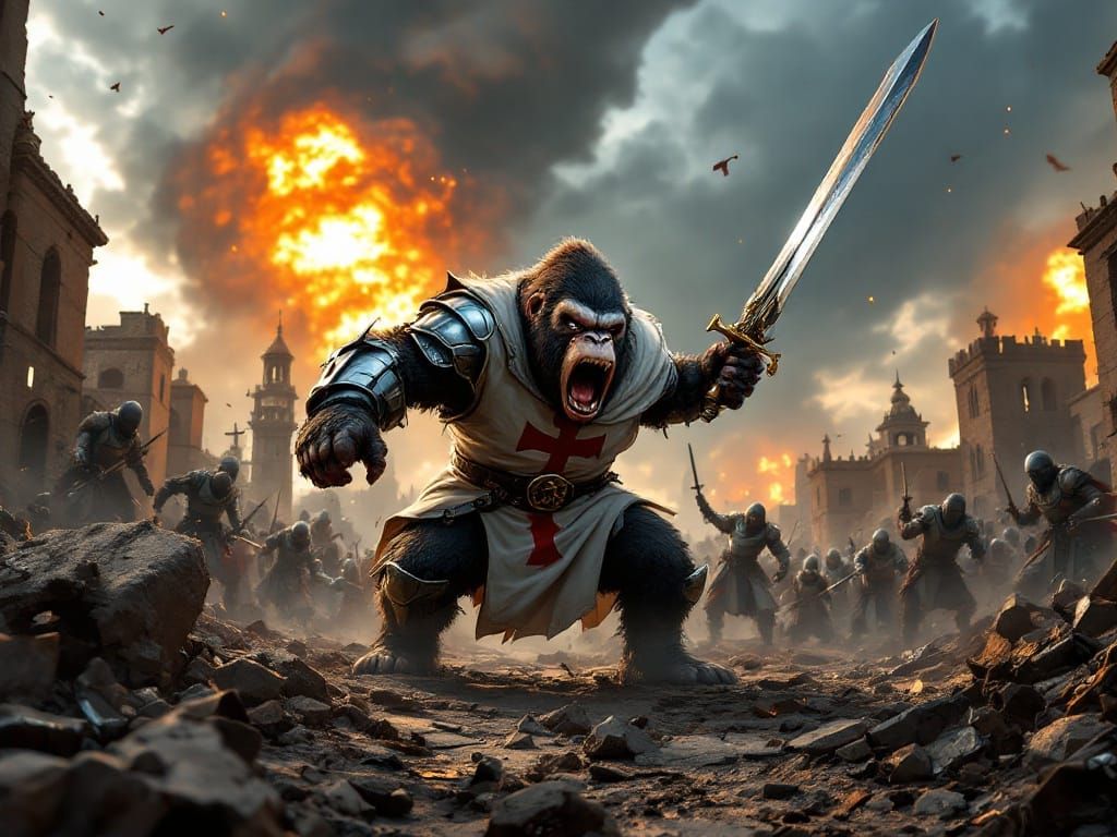 Medieval Crusade Battle Featuring a Chibi Gorilla Knight