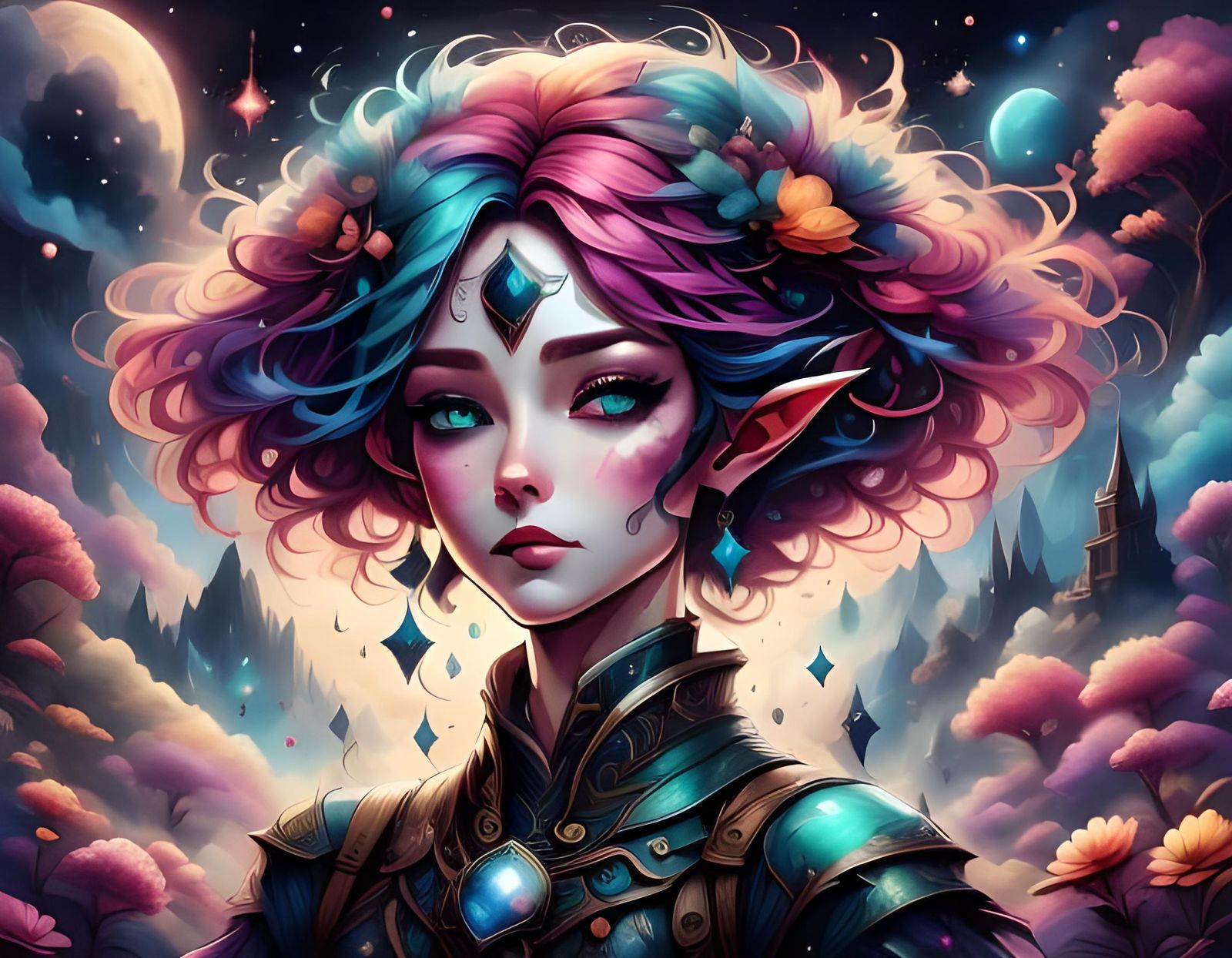 Cyberpunk Elf Sorceress Watercolor Portrait