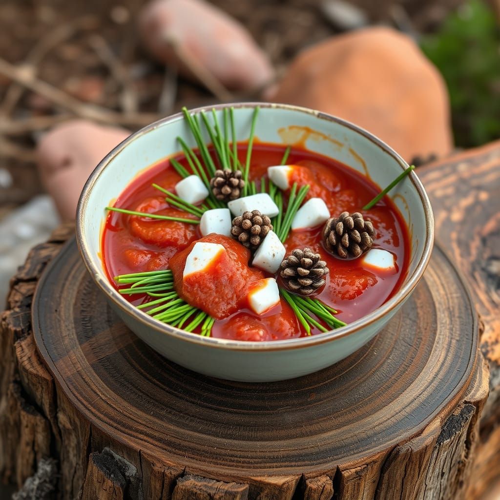 Pine Needle Pasta with Red Mud Sauce and Pine Cones