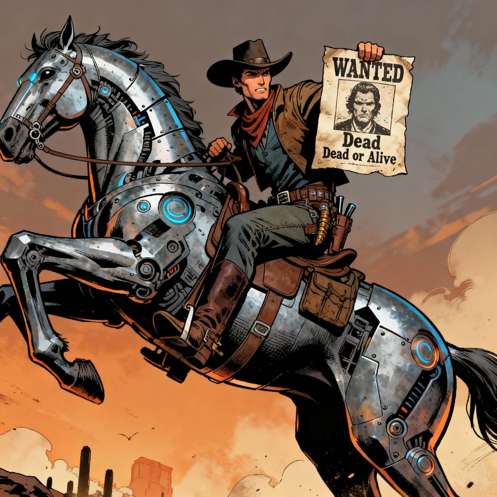 Western Bounty Hunter on Steel Horse in Comic Style