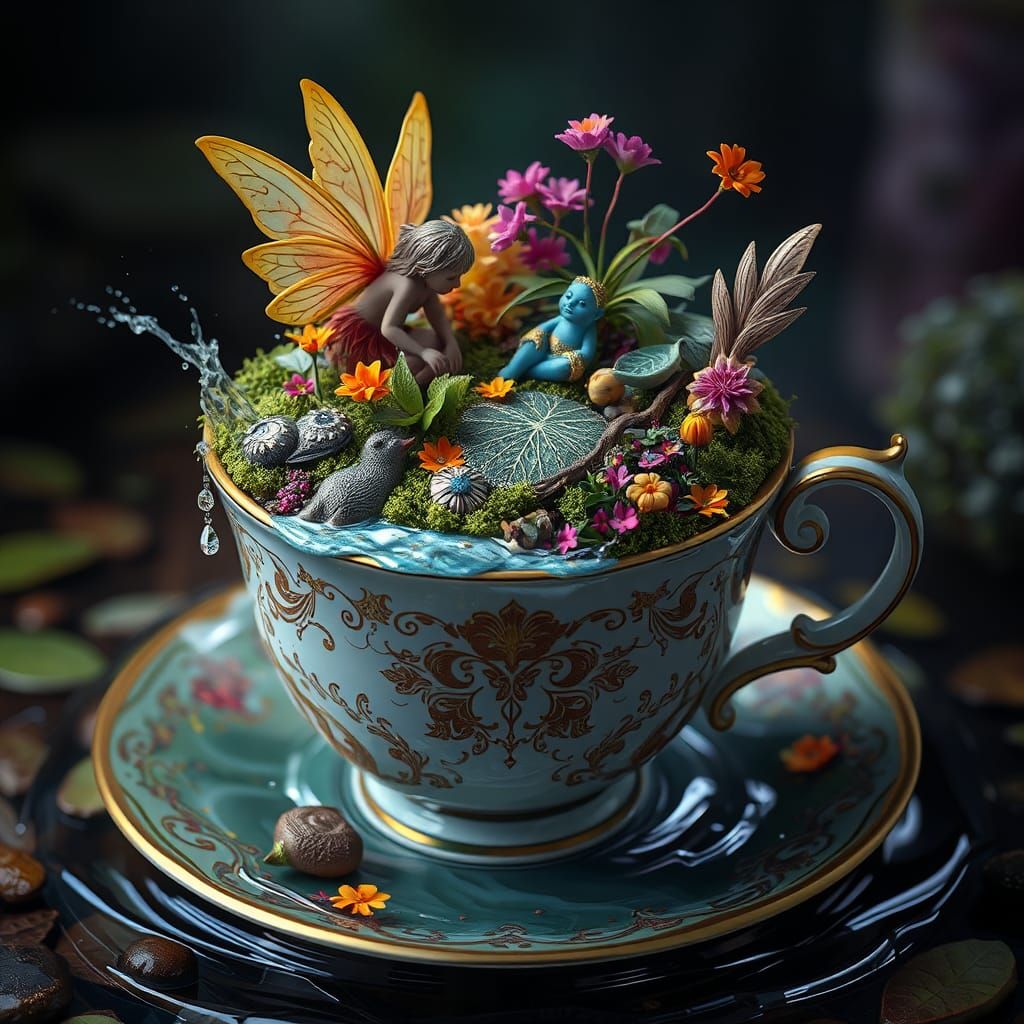 Fairies Tend Teacup Garden in Fantasy World