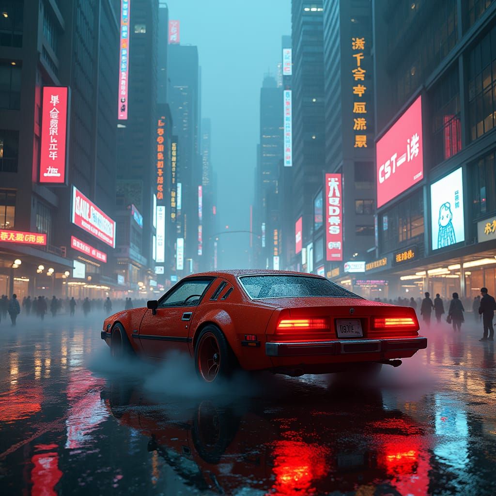 Cyberpunk Car in Dystopian Cityscape