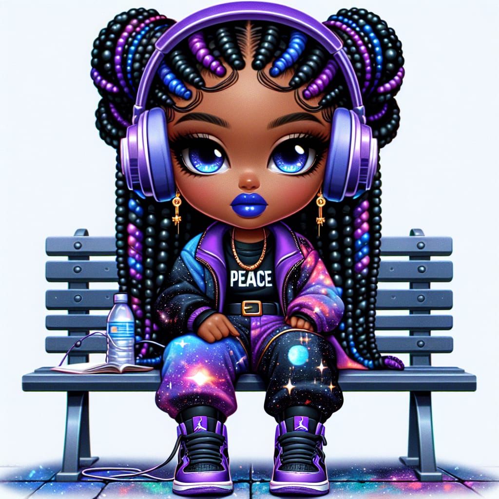 Chibi Latina American curvy woman with black and purple braids, she is wearing a purple and black sweat suit with a blac...