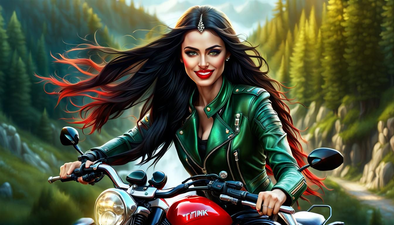 Beautiful Bulgarian Woman on Motorcycle: Detailed Fantasy Ar...