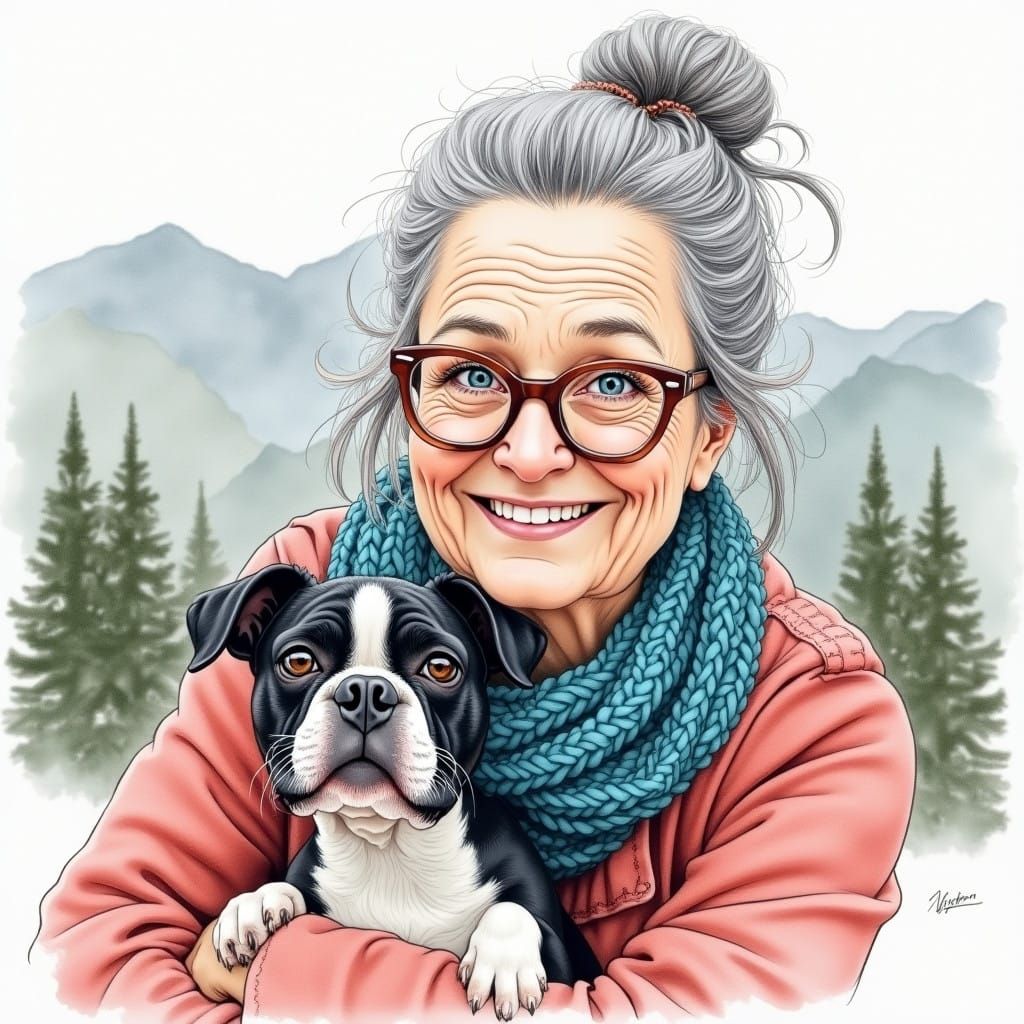 Elderly Woman with Boston Terrier in a Whimsical Watercolor...