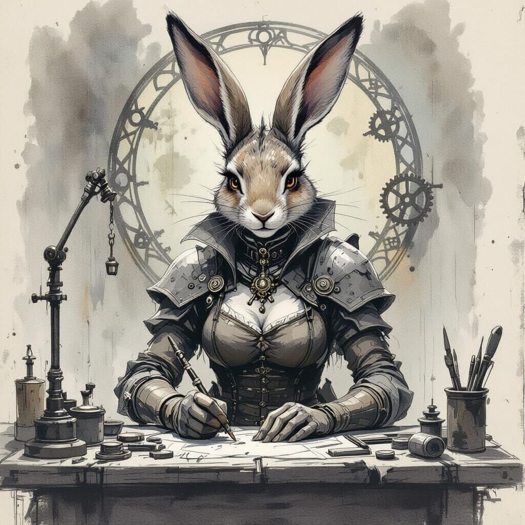 Harengon Artificer: Charcoal Sketch with Watercolors