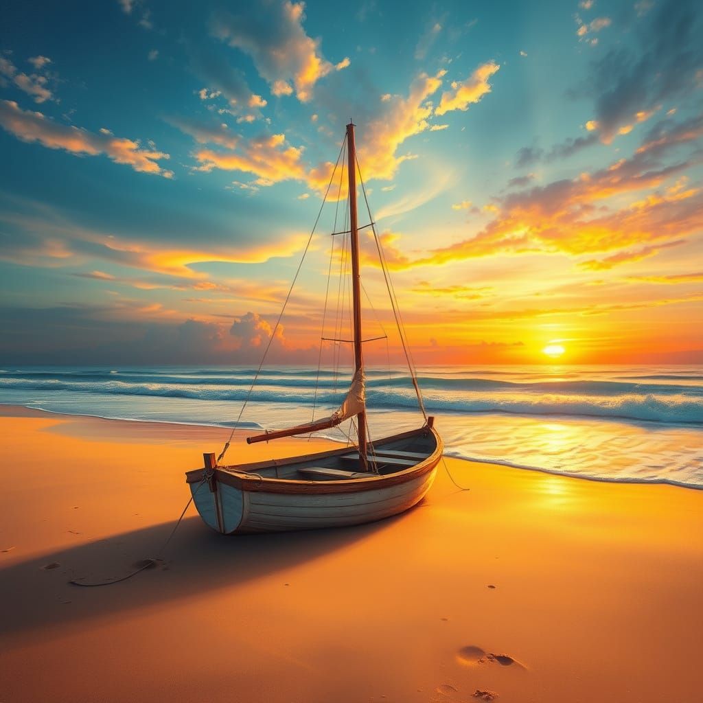 Peaceful Beach Sunset with a Rustic Sailboat