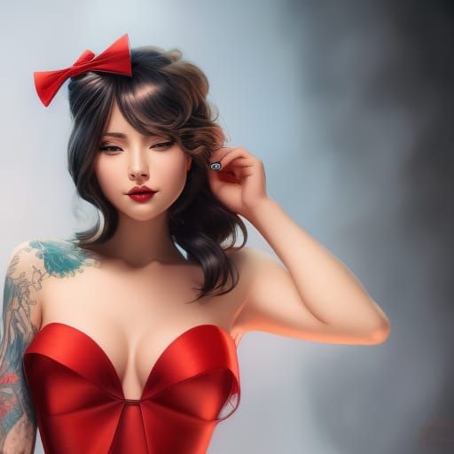 Tattooed Woman in Red Satin Dress, Sci-Fi Art