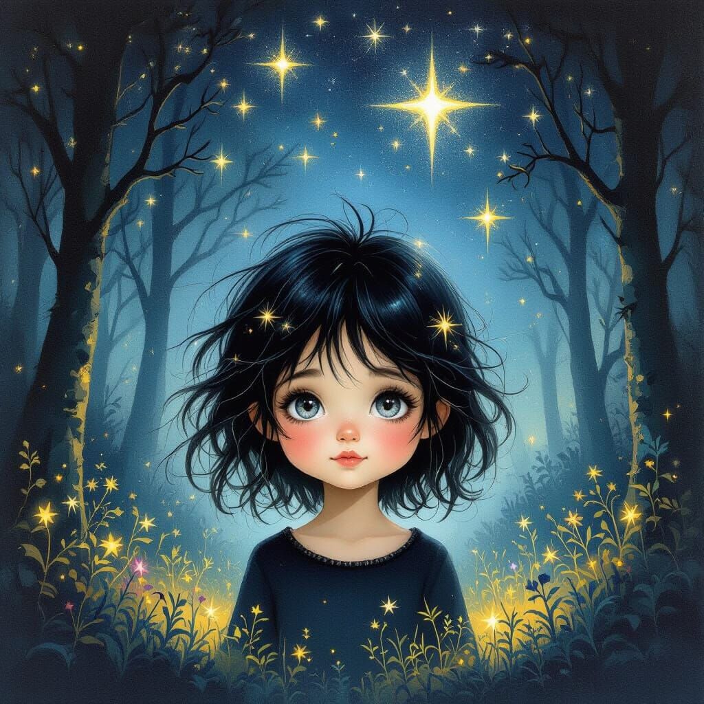 Enchanted Forest Night Scene With Magical Girl