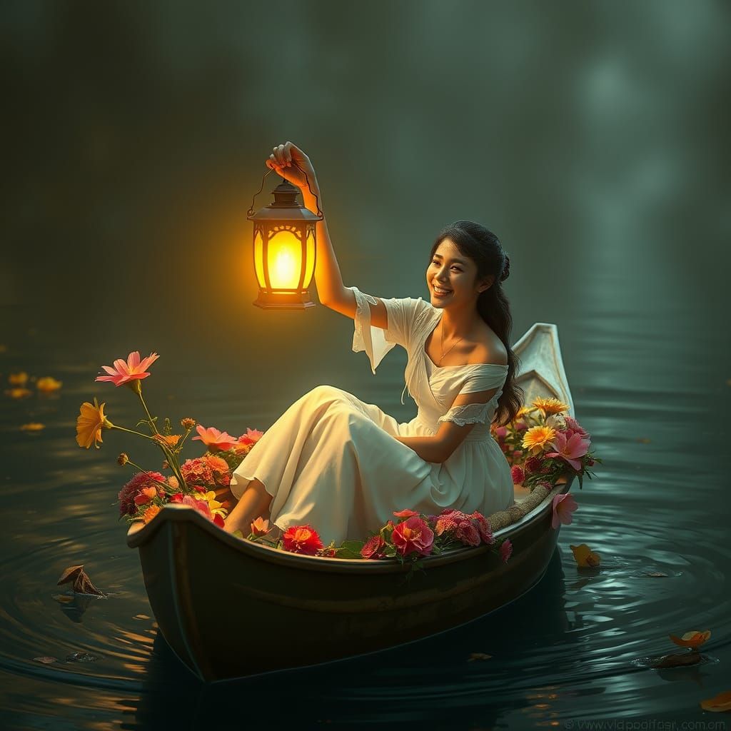 Woman in Flower Canoe with Lantern, Digital Art