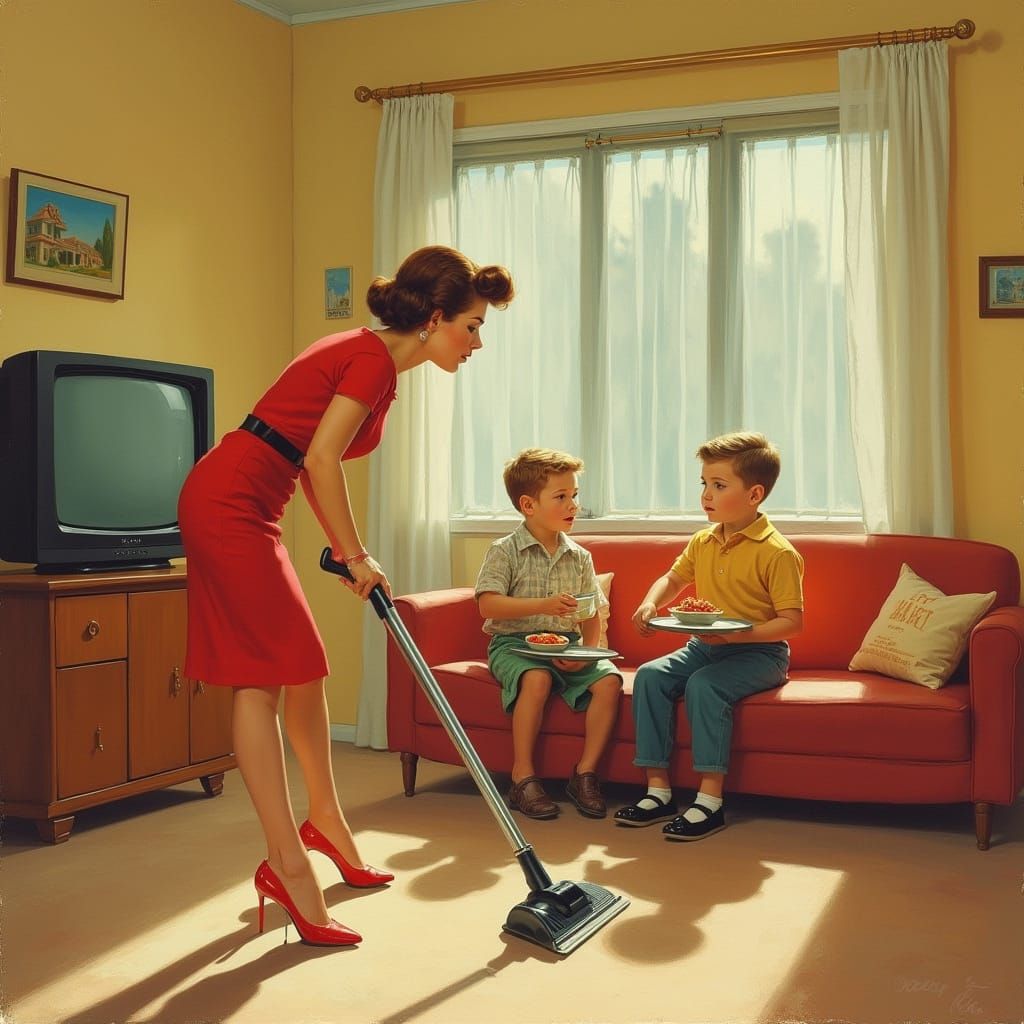 Nostalgic 1950s Home Interior with Family Dinner