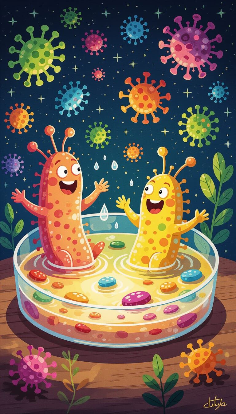 Whimsical Microbes Frolic in Glowing Petri Dish Painting