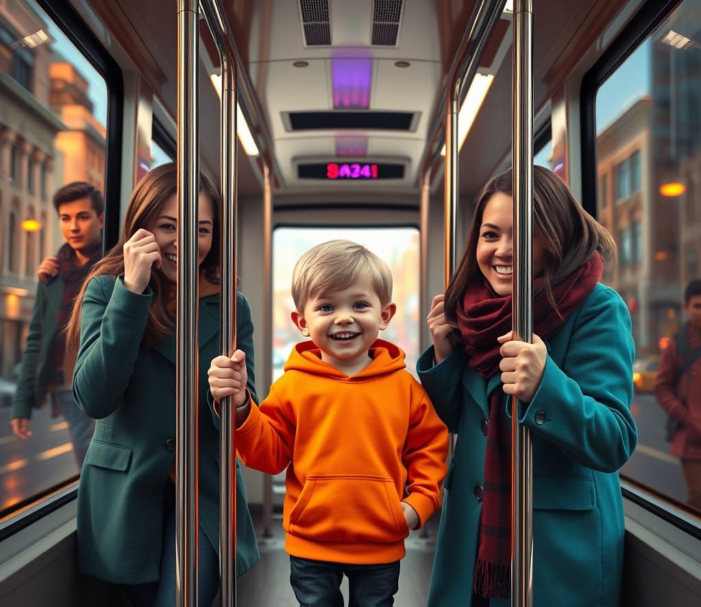 Joyful Family in Modern Tram, Detailed Matte Painting