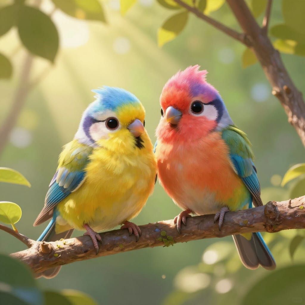 Two Fluffy Birds on Branch in Dappled Sunlight