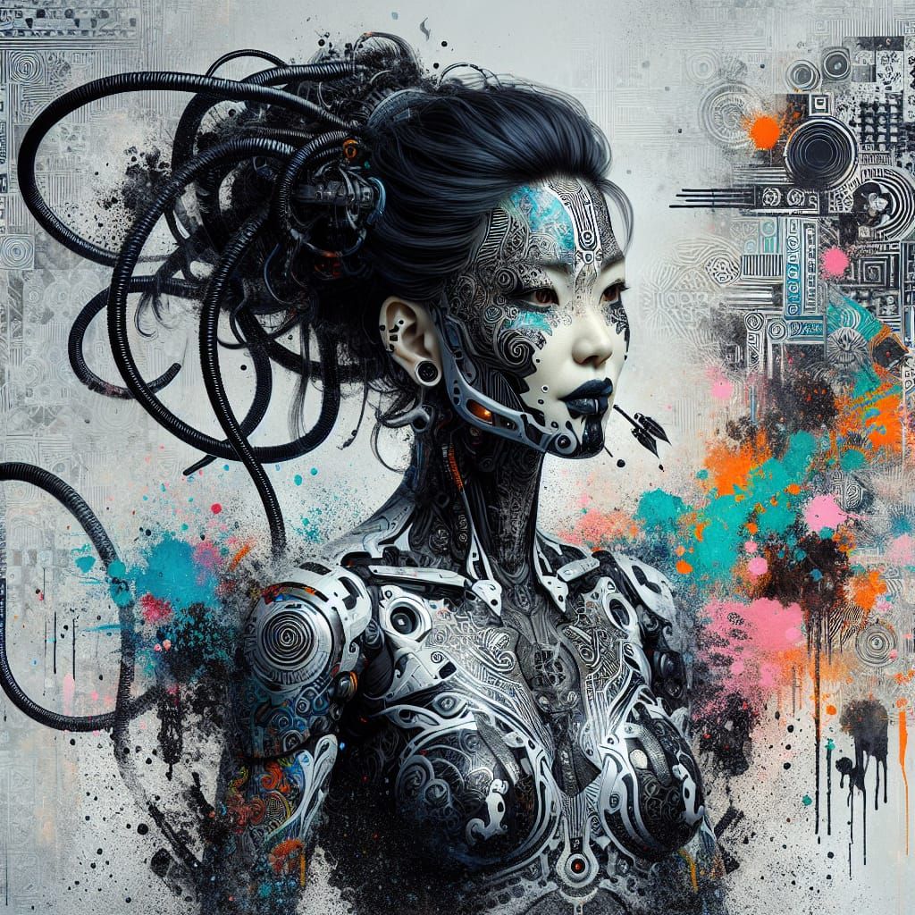 Cyborg with Tribal Tattoos in Graffiti Art Style
