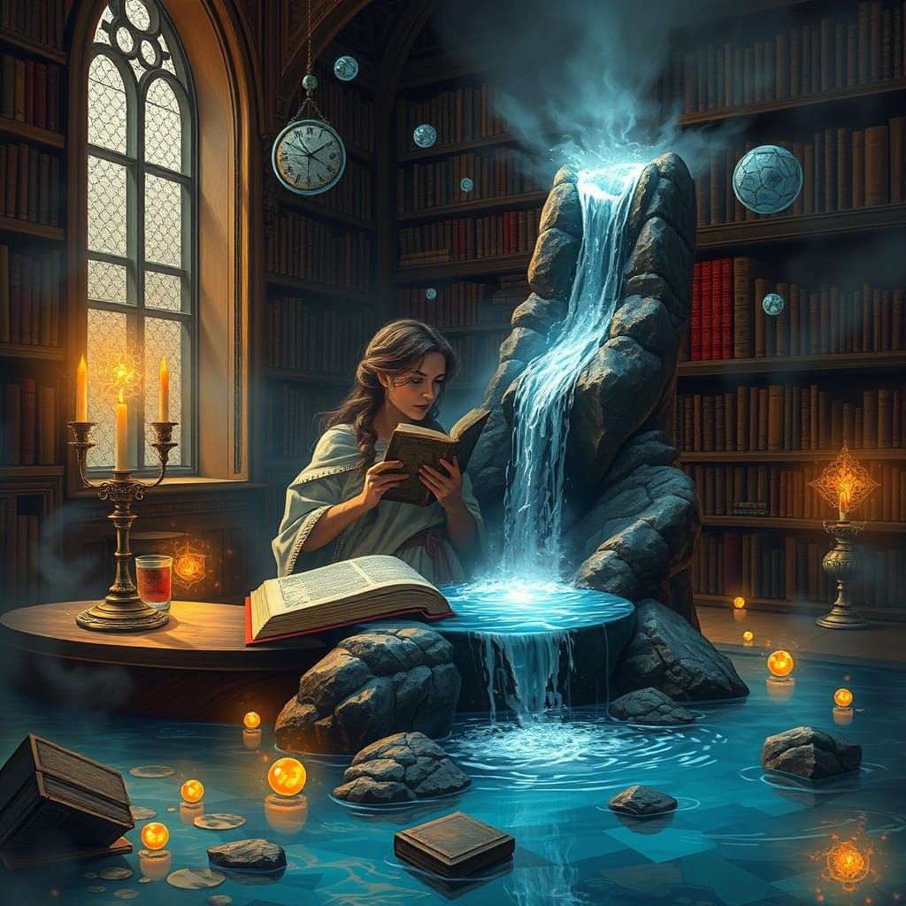 Magical Library Waterfall Scene as Digital Painting
