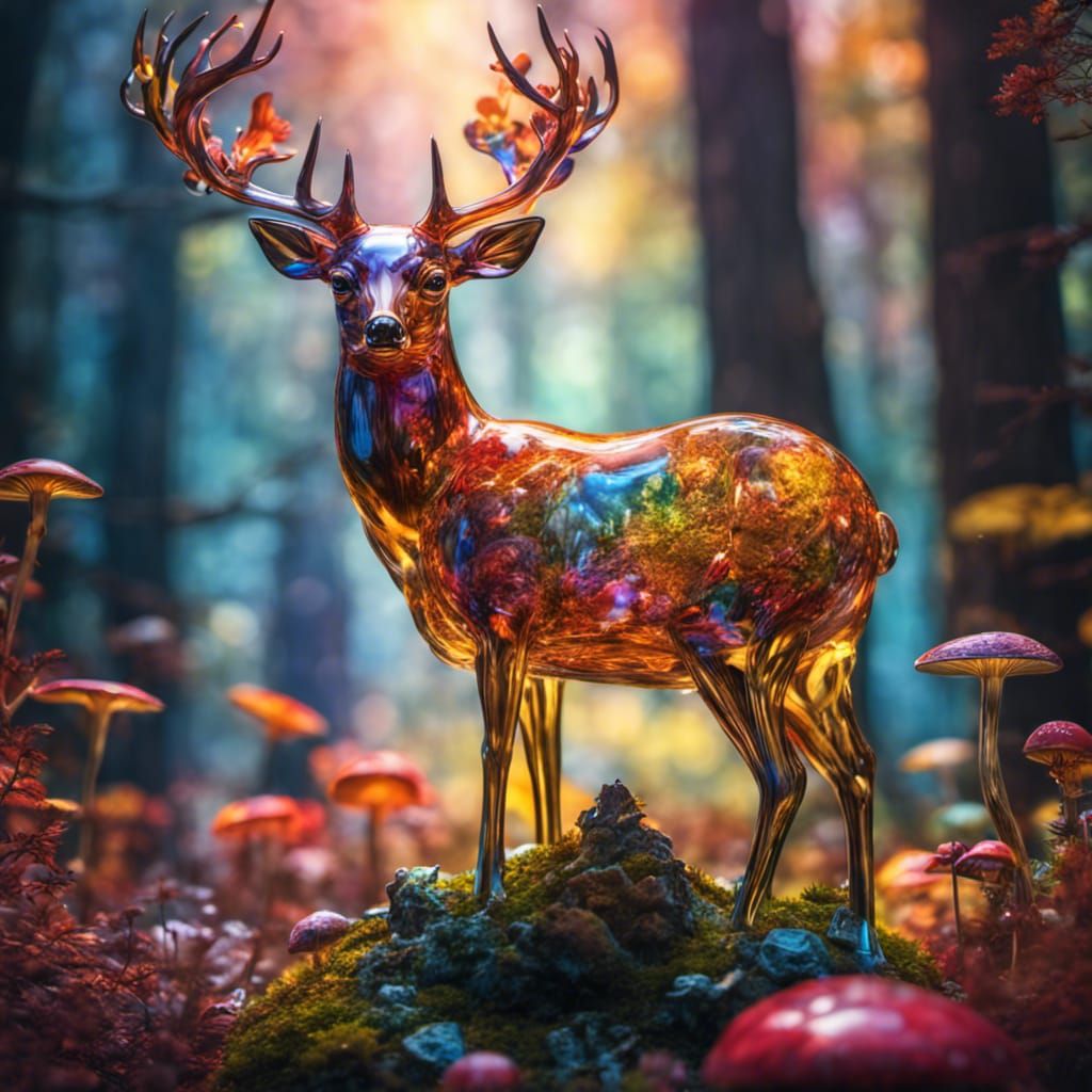 Glass Deer in Fairytale Mushroom Forest, 3D Render
