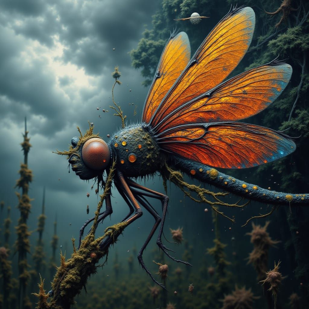 Dragonfly Portrait with Iridescent Wings Over Cattail