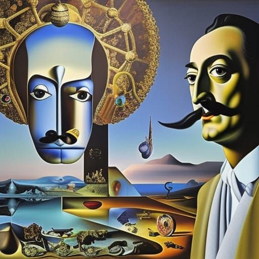 Surreal Self-Portrait with Melting Clocks in a Gallery