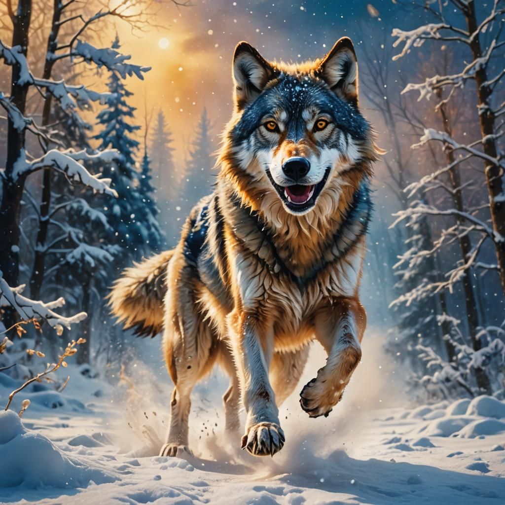 Smiling Wolf Leaping Through Snow in Oil Painting Style