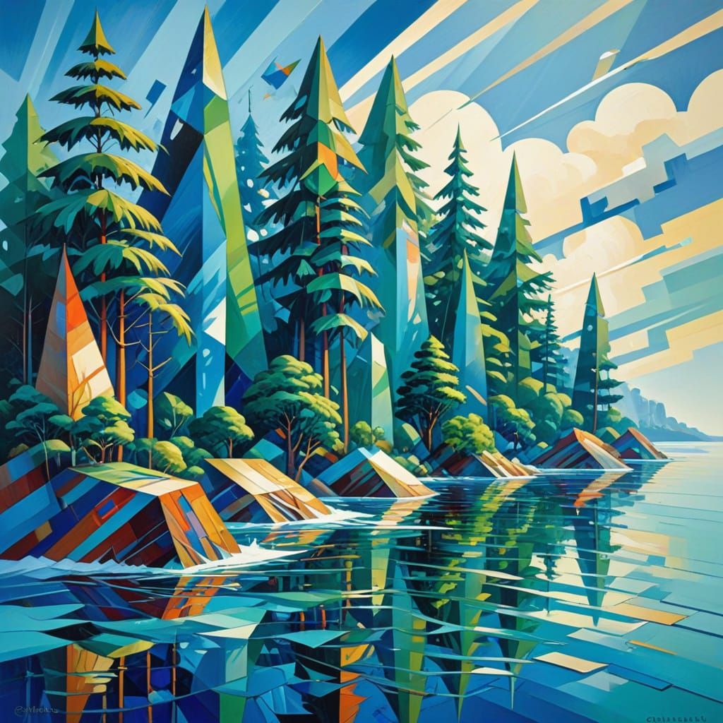 Cubist Drifting Forests Above Azure Ocean Waters