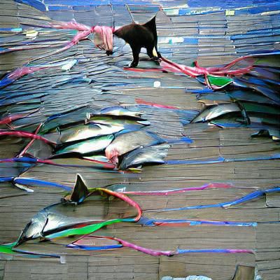 Colorful Cat Surrounded by Tuna