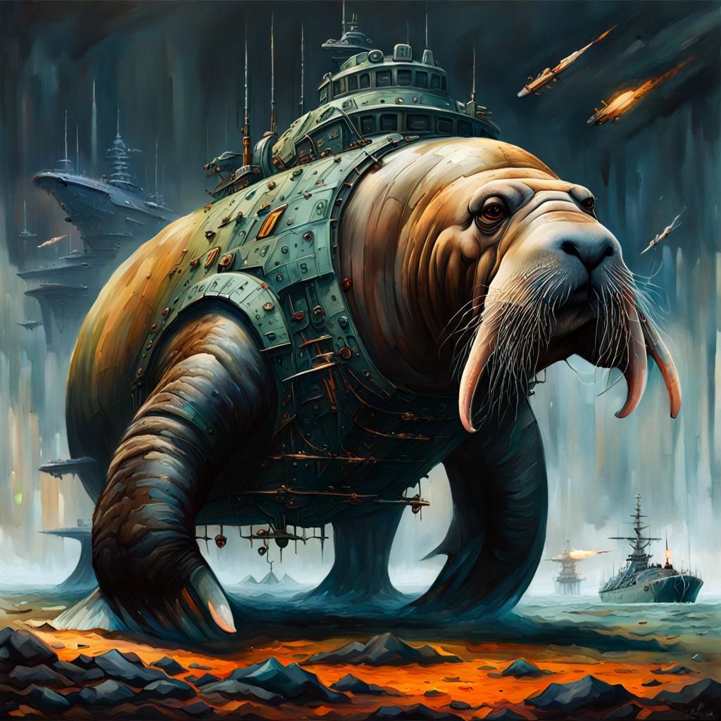 Military Walrus with Missiles: Retrowave Splash Art