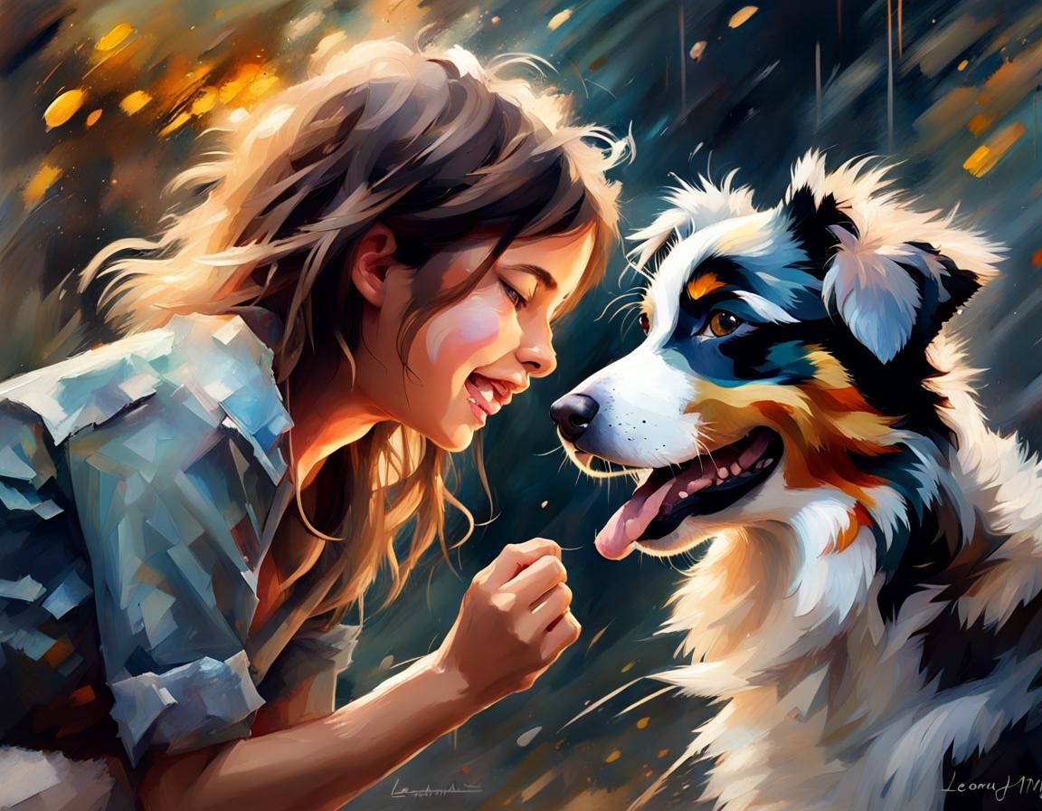 Happy Girl and Puppy Portrait in Splash Art Style