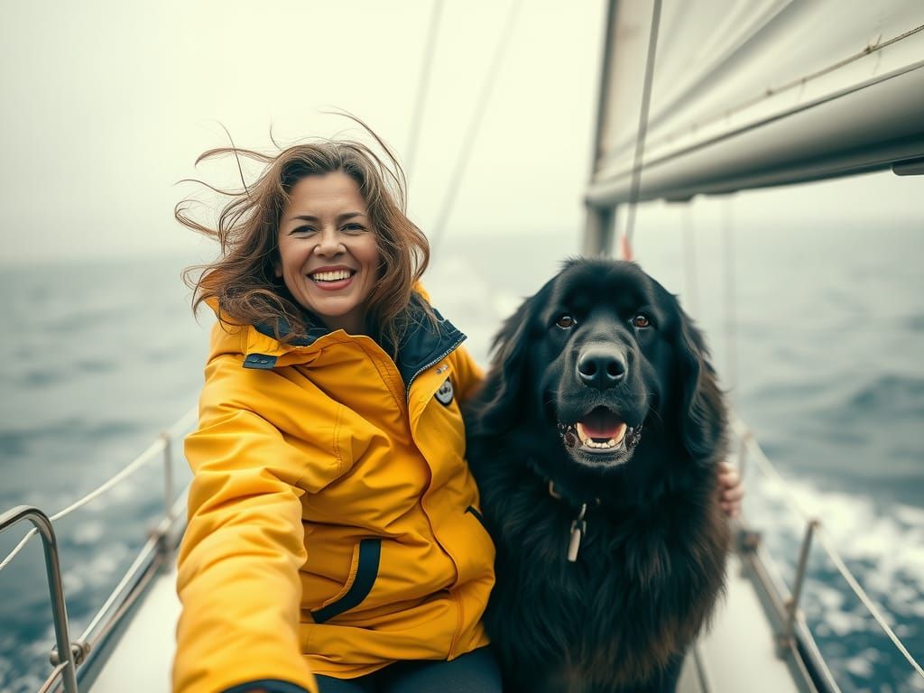 Woman and Dog Sailing: Serene Ocean Portrait