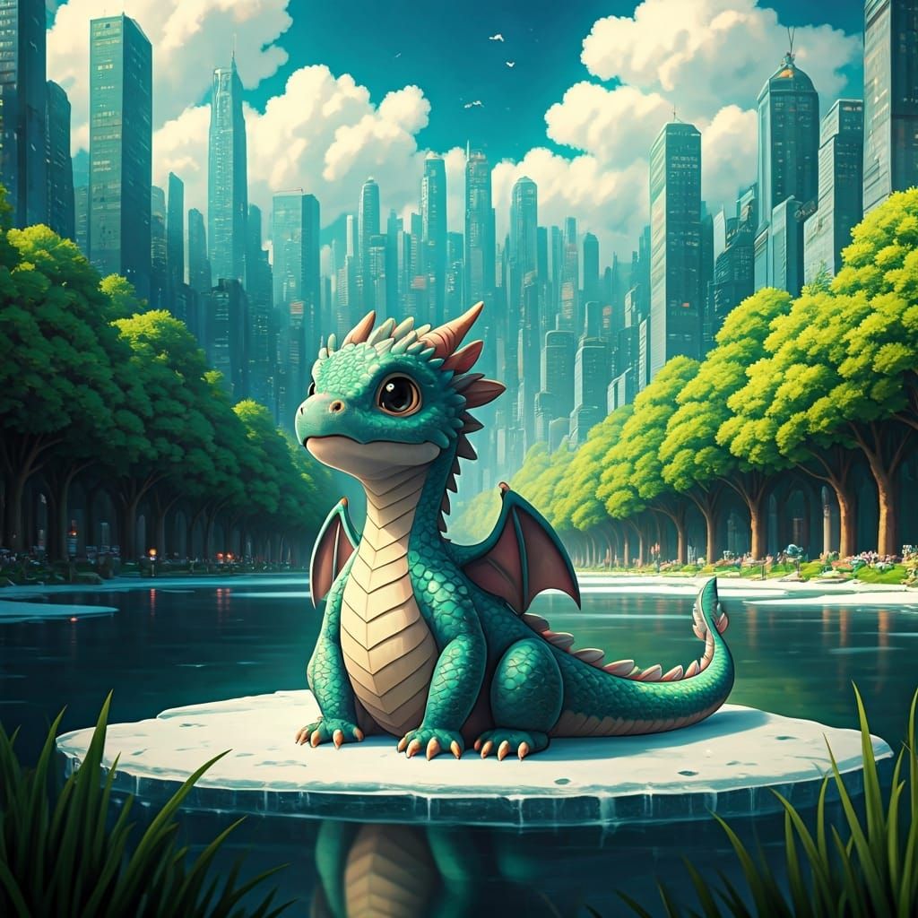 Baby Dragon on Frozen Lake: Studio Ghibli Anime