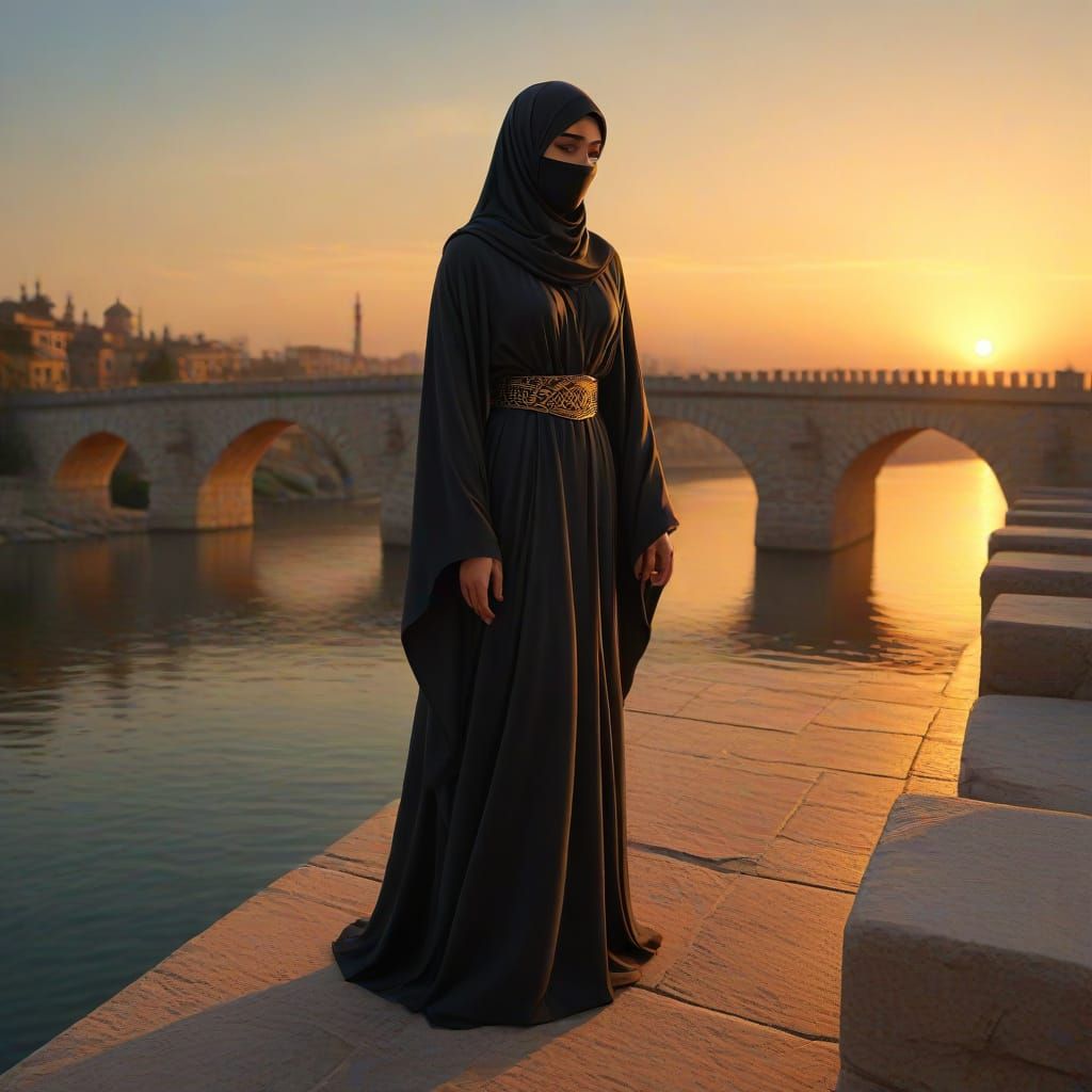 Elegant Muslim Woman in Niqab on Stone Bridge