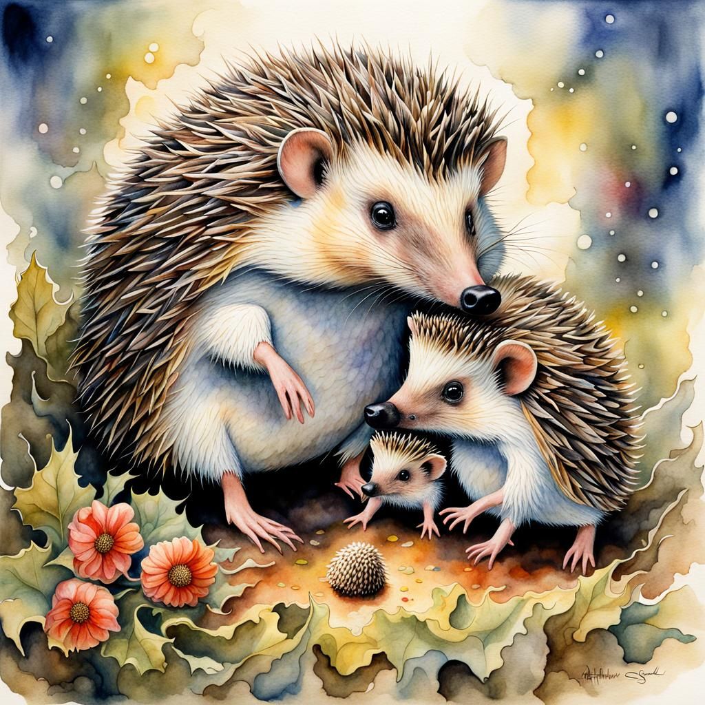 Adorable Hedgehog Father and Daughter Watercolor Illustratio...